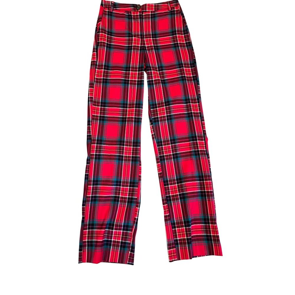 Red Plaid Copper Key Straight-Leg Pants XS Cotton Blend NWT Dress Pant